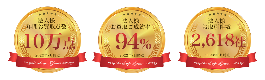 法人様年間お買取件数10万点　法人様お買取ご成約率94%　法人様お取引件数2,618社